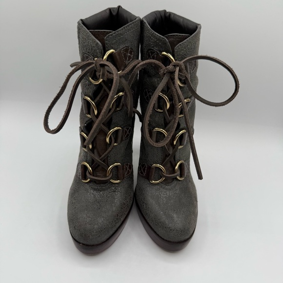 Tory Burch Lawson Bootie Pewter Brown Leather Platform Stiletto Ankle Boots 8.5 - Picture 5 of 17